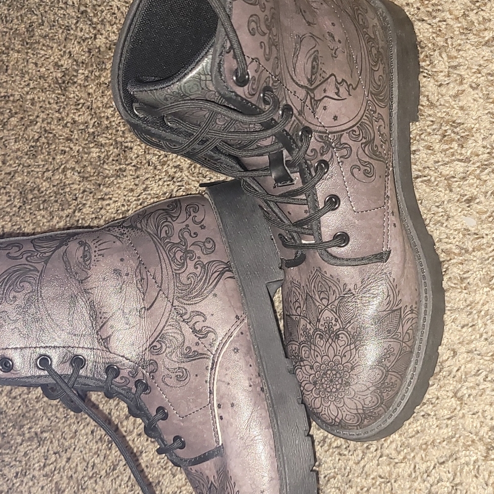 Sun and moon designed goth combat boots